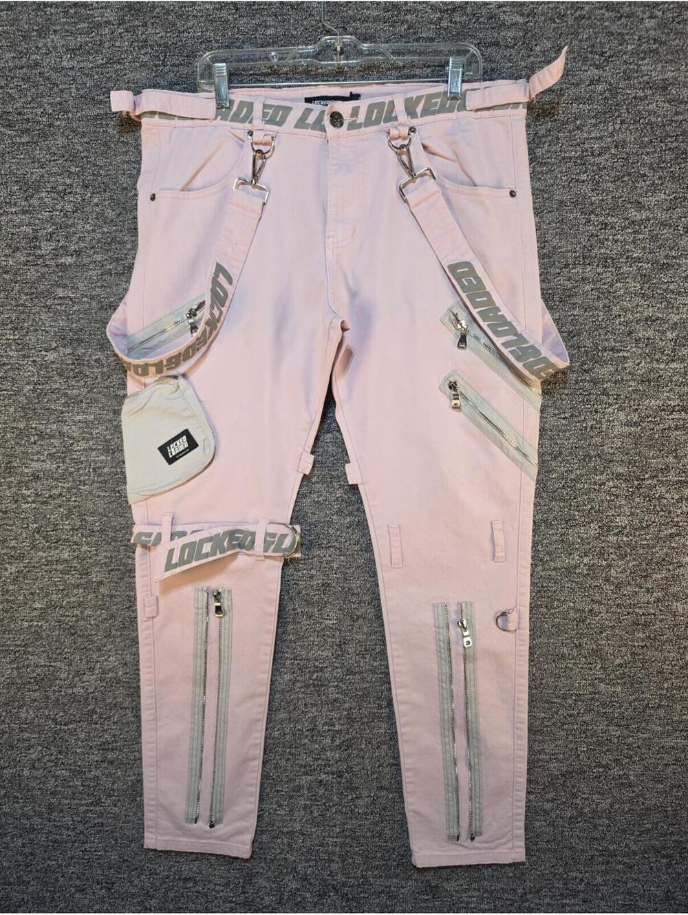 Locked Loaded Unisex Slim Tapered Pink Cargo Pants Twill Cotton Elastane 38W